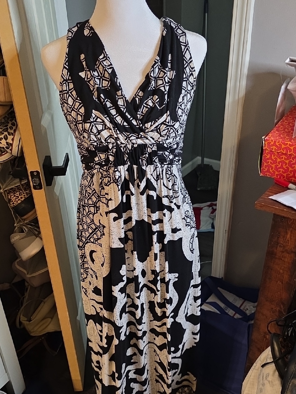 Soma Black and Cream Wrap-Front Graphic Maxi Dress